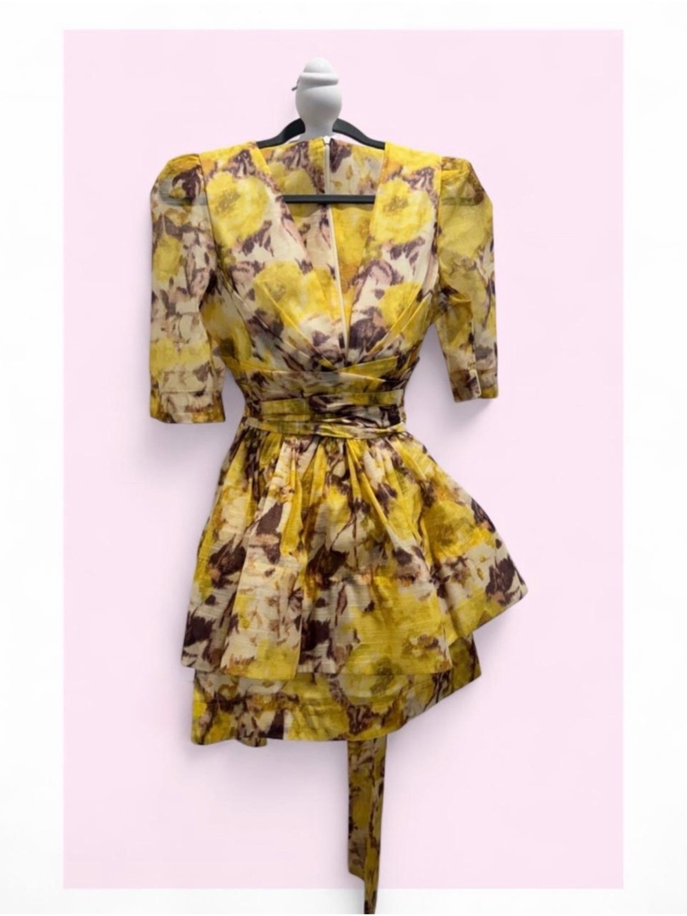 Yellow Floral V-Neck Puff Sleeve Mini Dress- Lookalike Zimmerman design dress - Picture 7 of 9